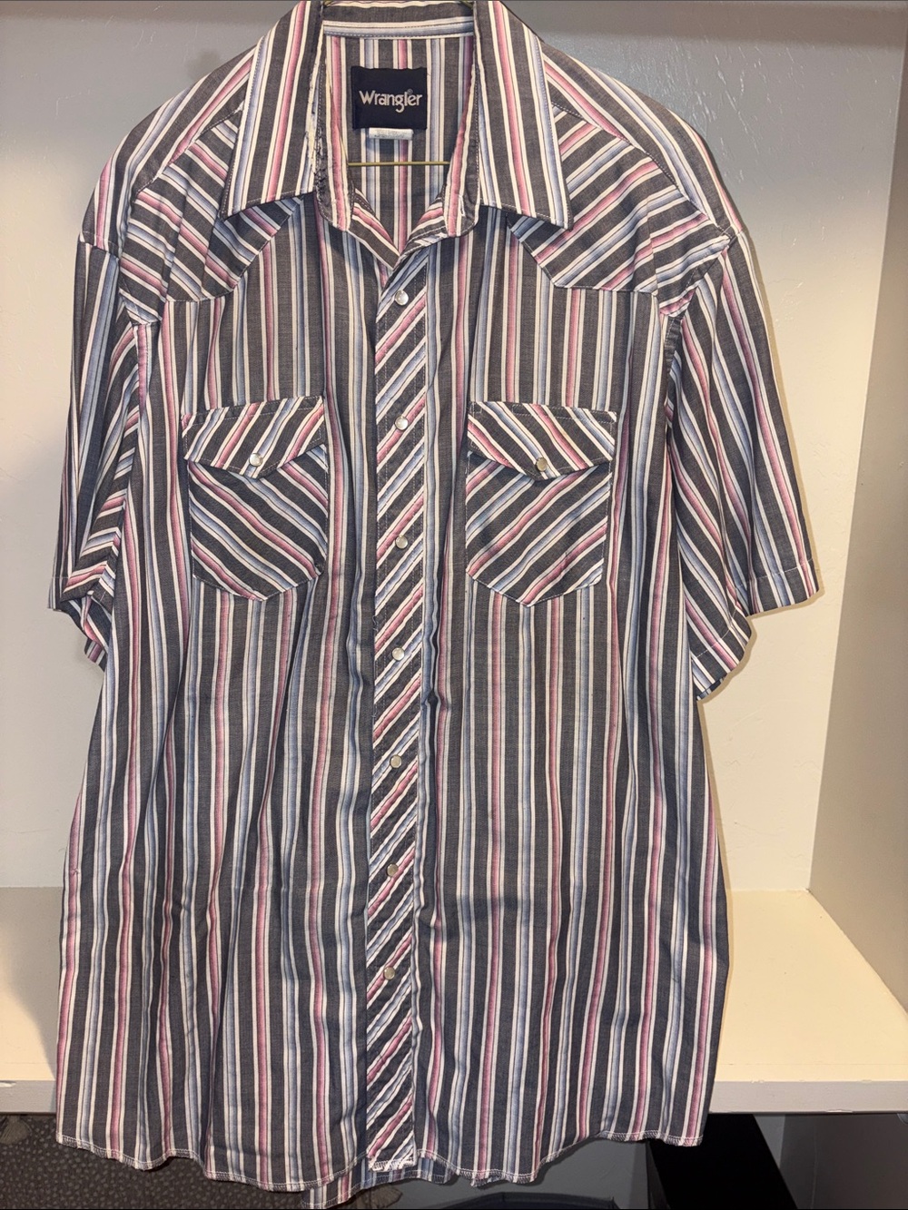 Wrangler Short-Sleeve Vertical Stripe Button-Down - Gray & Pink